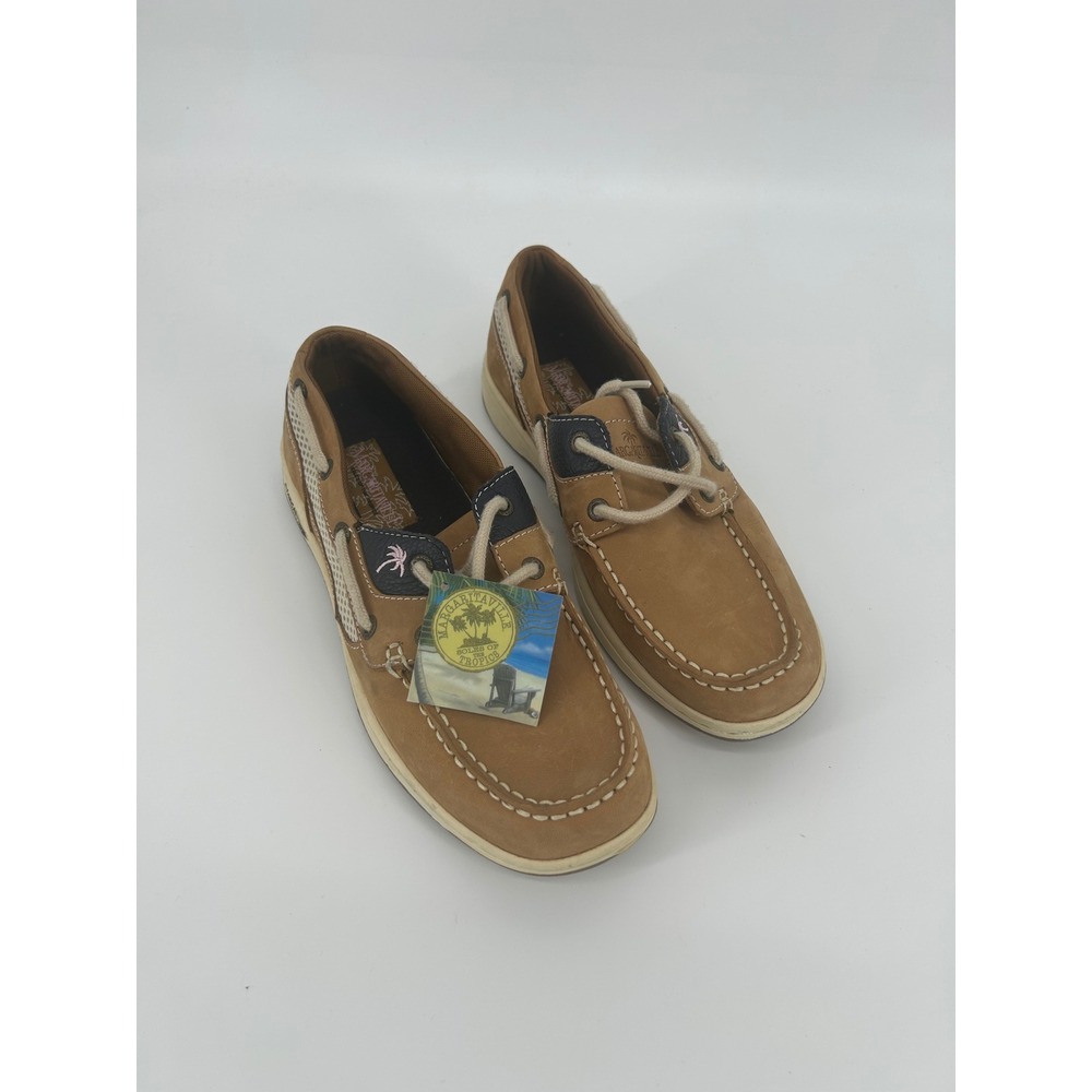 Margaritaville Martinique Leather Boat Shoes Tan Brown MG9019H Mens 8 Wms 9.5
